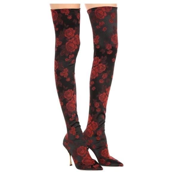 Dolce & Gabbana Shoes - Dolce & Gabbana Rose-Jacquard Over-the-knee Boots 39 9 Thigh High Heel Stiletto